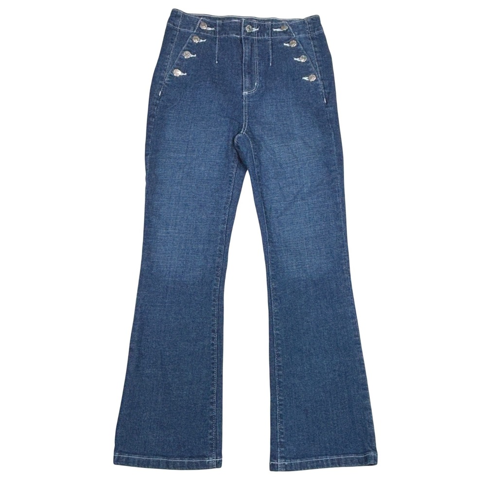 LOFT Dark Blue High-Rise Ankle Flare Jeans with Decorative Buttons
